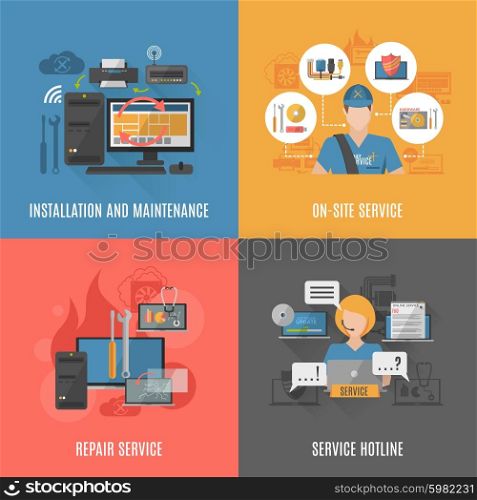 Computers repair 4 flat icons square . Computers installation maintaining and repair online service 4 flat icons square composition banner abstract isolated vector illustration