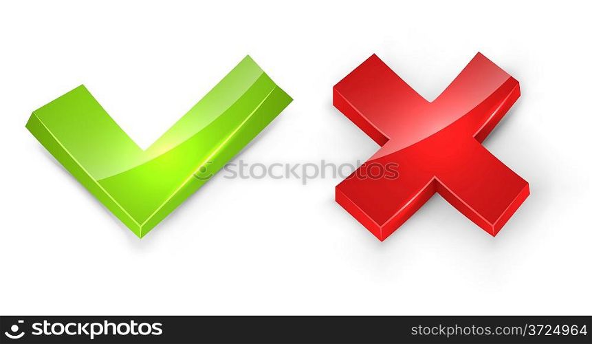 Concaved 3D tick and cross signs isolated on white background.