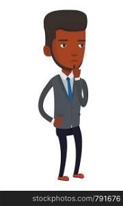 Concentrated african-american businessman thinking. Young businessman thinking of something. Concept of business thinking. Vector flat design illustration isolated on white background.. Young businessman thinking vector illustration.