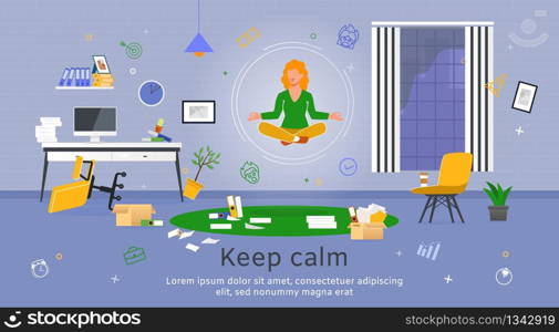 Concentration and Productivity in Office Work Trendy Flat Vector Banner, Poster Template. Businesswoman, Female Employee Flying in Lotus Pose Over Scattered Documents, Messy Workplace Illustration