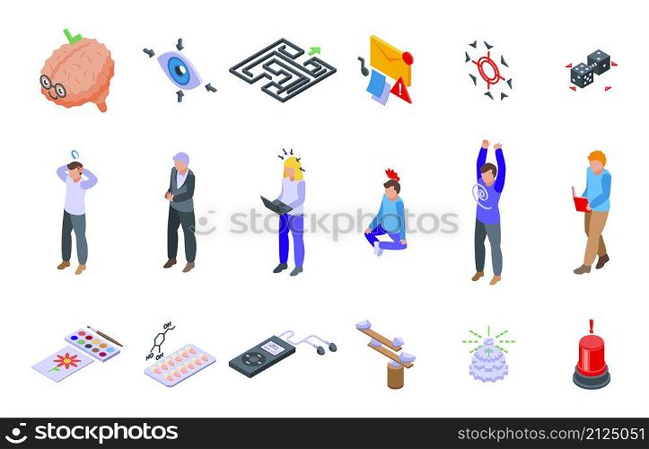 Concentration icons set isometric vector. Yoga meditate. Mind relax. Concentration icons set isometric vector. Yoga meditate