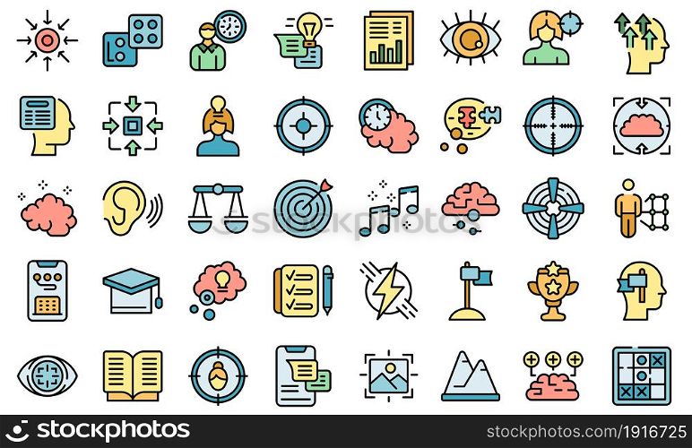 Concentration of attention icons set outline vector. Goal focus. Manage time. Concentration of attention icons set line color vector
