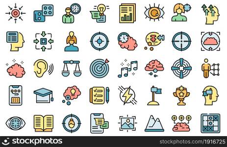 Concentration of attention icons set outline vector. Goal focus. Manage time. Concentration of attention icons set line color vector