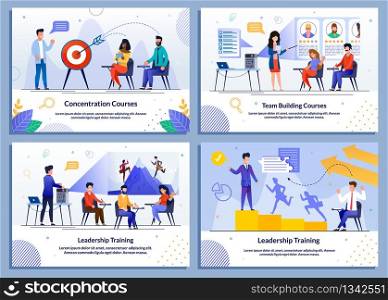 Concentration Training, Leadership and Team Building Courses for Business People. Successful Motivational Management. Strategical Education. Vector Flat Illustration. Cartoon Banner Set. Successful Motivational Management Banner Set
