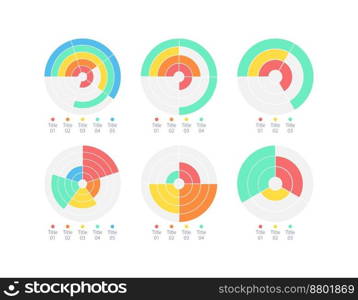 Concentric circle infographic chart design template set. Market analysis. Business sectors. Visual data presentation. Editable circular diagrams collection. Myriad Pro-Bold, Regular fonts used. Concentric circle infographic chart design template set