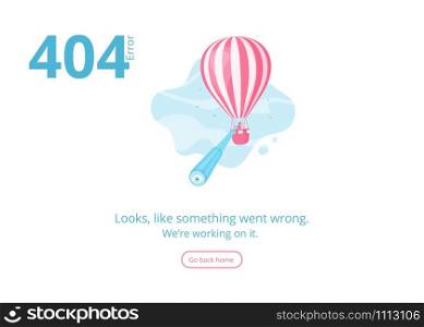 Concept 404 error warning message for website, banner or presentation with man and spyglass looking for missed page on hot air balloon in blue sky. Vector illustration for 404 error mobile app page. Concept 404 error warning message for website