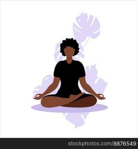 Concept african woman practicing yoga and meditation on home. The girl sits in the lotus position, the thought process, the inception and the search for ideas. Time management. Vector.