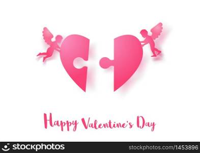 concept art of cupids fly and put with heart shape parts together on white background,vector illustration