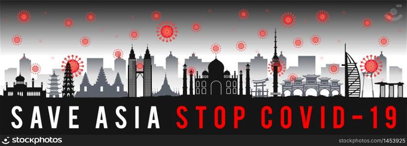 concept art with coronavirus fly over landmarks of asia,vector illustration