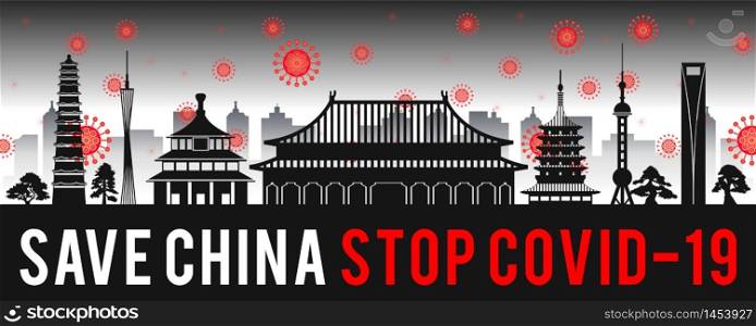 concept art with coronavirus fly over landmarks of china,vector illustration