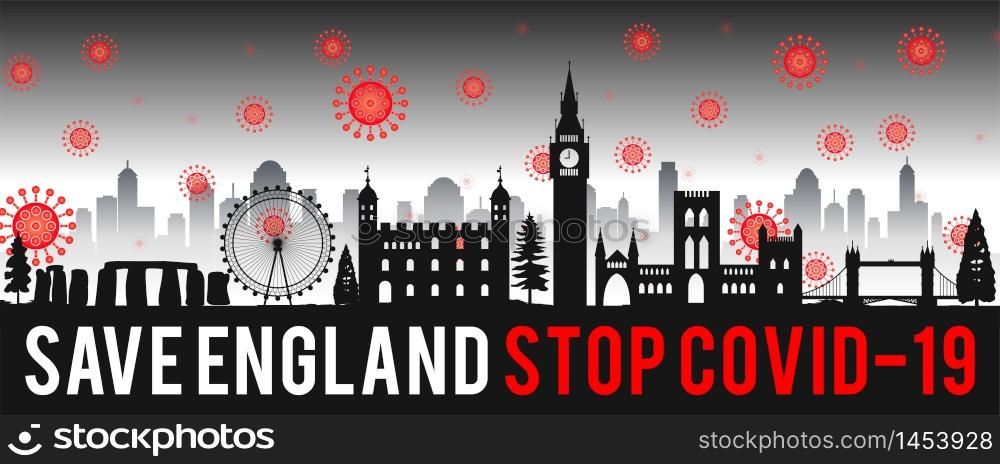 concept art with coronavirus fly over landmarks of england,vector illustration