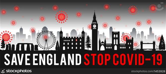 concept art with coronavirus fly over landmarks of england,vector illustration
