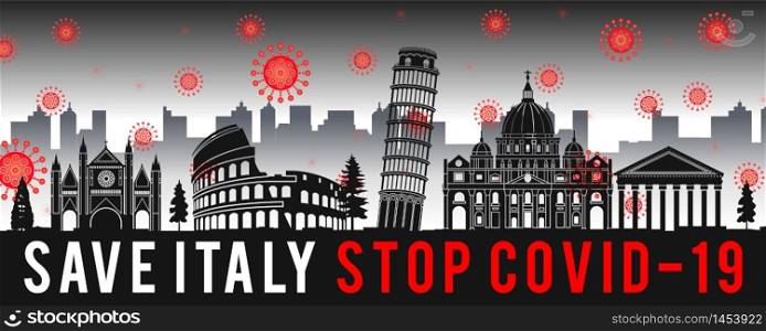 concept art with coronavirus fly over landmarks of italy,vector illustration