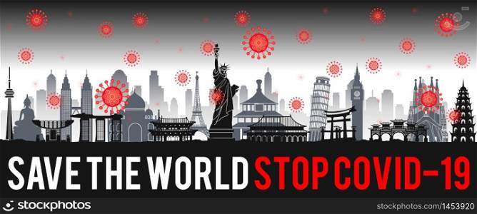 concept art with coronavirus fly over landmarks of the world,vector illustration