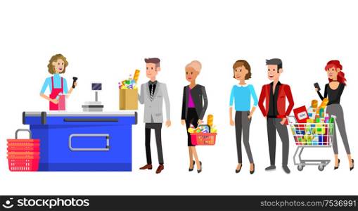 Concept banner for Shop. Vector character people in supermarket, cart, delivery, family shopping. Healthy eating and eco food. Concept banner for Shop. Vector character people in supermarket
