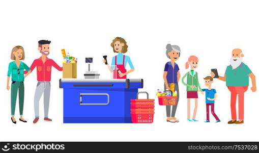 Concept banner for Shop. Vector character people in supermarket, cart, delivery, family shopping. Healthy eating and eco food. Concept banner for Shop. Vector character people in supermarket