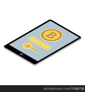 Concept bitcoin wallet app on the isometric tablet PC isolated on the white background, vector illustration. Bitcoin wallet app on tablet PC