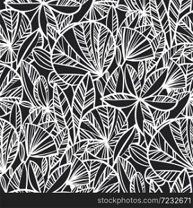 Concept black and white leaves seamless pattern for background, fabric, textile, wrap, surface, web and print design. Abstract hand drawn foliage tile motif.
