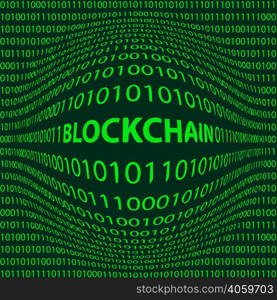 concept Blockchain, matrix style background with a bulge word Block chain in the foreground and crumbling the numbers one and zero, the bits and bytes of green color, vector illustration for print or website design