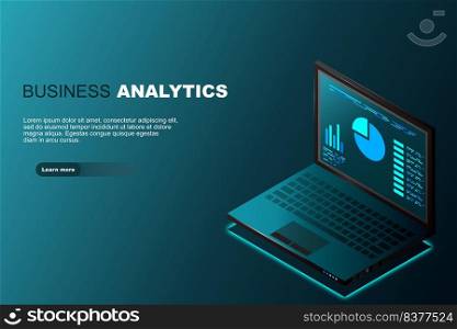 Concept business strategy, Web banner with laptop, Analysis data and Investment, Technology theme, Financial review with laptop and infographic elements, 3d isometric, Vector illustration.