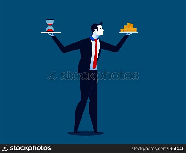 Concept business time is money. Businessman holding hourglass and money. Character cartoon vector illustration