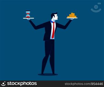 Concept business time is money. Businessman holding hourglass and money. Character cartoon vector illustration