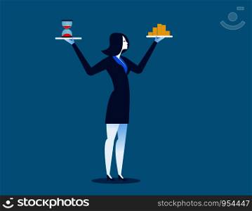 Concept business time is money. Businesswoman holding hourglass and money. Character cartoon vector illustration
