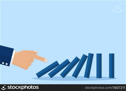 Concept businessman hand pushing the domino effect. Chain reaction concept. Successful intervention. Business metaphor. Vector illustration in flat style.. domino effect. Chain reaction concept.
