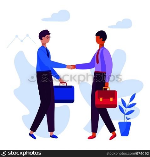 Concept businessman partnership. Men shaking hands after signing contract. Making business deal vector illustration in flat style. Concept businessman partnership. Men shaking hands illustration