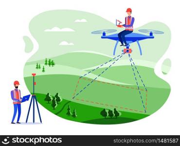 Concept cadastral engineers, surveyors and cartographers make geodetic measurements using a drone, copter. Vector flat illustration.