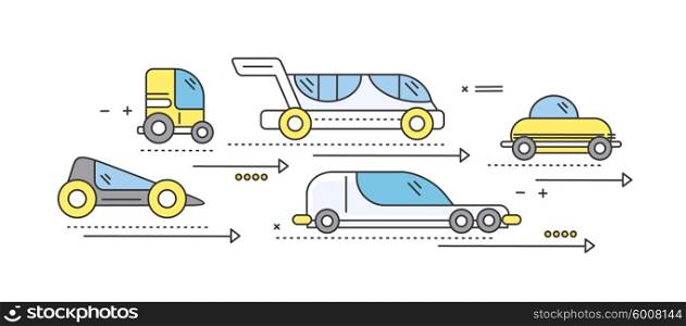 Concept car of the future road transport. Traffic automobile, drive technology, auto electric, futuristic engine, innovation efficiency progress illustration. Set of thin, lines, outline flat icons