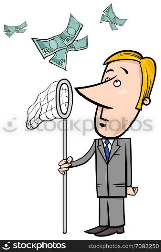 Concept Cartoon Illustration of Businessman Catching Money with Insect Net
