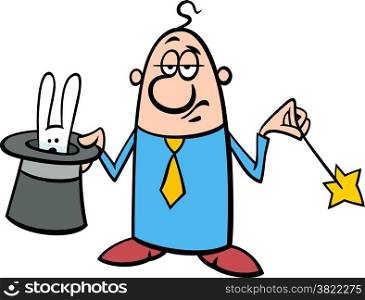 Concept Cartoon Illustration of Funny Illusionist Businessman with Hat and Magic Wand