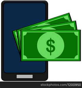 Concept cartoon illustration showing three bills on top of a phone, to implicate mobile payment
