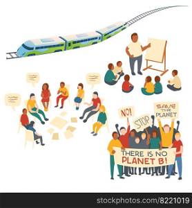 Concept clip art of kids education, discussion, protest action and eco transport. Vector cartoon set of people with save planet banners, train with rails, meeting people and children with teacher. Clip art of eco transport and protest action
