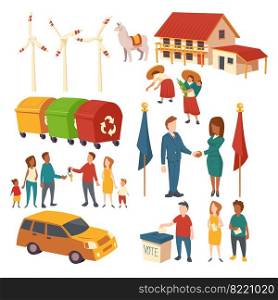Concept clip art of politician election, agreement, car purchase, recycle garbage, eco energy and plantation. Vector cartoon set of acting people, house, lama, windmills and trash bins. Clip art of acting people and ecology