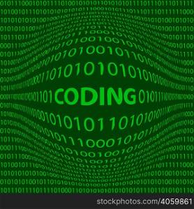 concept, coding, matrix style background with a bulge word coding in the foreground and crumbling the numbers one and zero, the bits and bytes of green color, vector illustration for print or website design