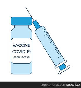 Concept COVID-19 vaccination, one ampoule of vaccine and a syringe, a medical poster in shades of blue. Vector illustration in the style of a flat icon isolated on a white background.