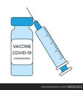 Concept COVID-19 vaccination, one&oule of vaccine and a syringe, a medical poster in shades of blue. Vector illustration in the style of a flat icon isolated on a white background. Concept COVID-19 vaccination, one&oule of vaccine and a syringe, a medical poster in shades of blue. Vector illustration in the style of a flat icon isolated on a white background.