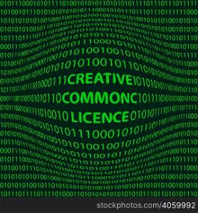 concept creative commons license matrix style background with a bulge word creative commons license in the foreground and crumbling the numbers one and zero, the bits and bytes of green color, vector