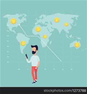 Concept design of a trading man and growing chart with golden bitcoins on background with world map. Trading man and growing chart with golden bitcoins