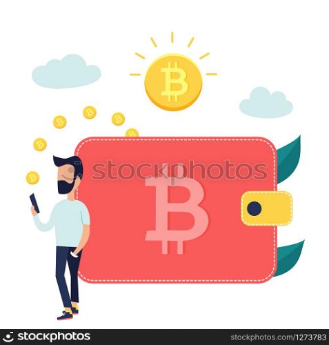 Concept design of cryptocurrency technology, bitcoin exchange, bitcoin mining, mobile banking. Man relocating bitcoins into wallet. Concept design of relocating bitcoins into wallet