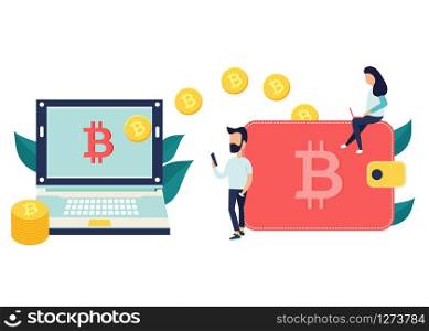 Concept design of cryptocurrency technology, bitcoin exchange, bitcoin mining, mobile banking. Man and girl relocating bitcoins into money box. Concept design of cryptocurrency technology