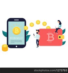 Concept design of cryptocurrency technology, bitcoin exchange, bitcoin mining, mobile banking. Man and girl relocating bitcoins into money box. Concept design of cryptocurrency technology