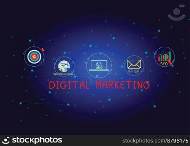 Concept digital marketing materials Advertise your website, email, social network, SEO, video, mobile app with icons and analyze ROI and strategy.