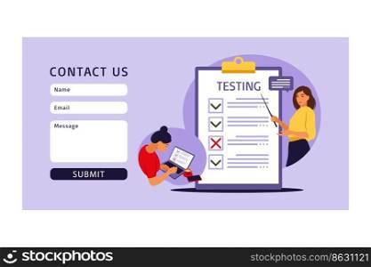 Concept distance learning, online courses, education, exam preparation. Contact us form for web. Young woman working with laptop. Vector illustration. Flat.