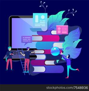 Concept Education people, Internet studying, online training, online book, tutorials, e-learning for social media, distance education, documents, cards, posters. Vector illustration online education. Concept Education people, Internet studying, online training, online book