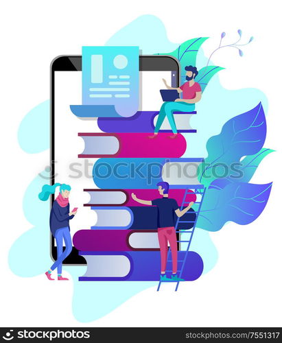 Concept Education people, Internet studying, online training, online book, tutorials, e-learning for social media, distance education, documents, cards, posters. Vector illustration online education. Concept Education people, Internet studying, online training, online book