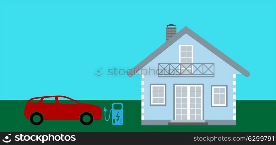 Concept Electric Car on batteries, and Fuel Station near the house. Vector Illustration. EPS10. Concept Electric Car on batteries, and Fuel Station near the hou