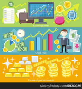 Concept exchange rates flat design style. Finance business, currency and investment, money banking, dollar coin, economy and bank, stock financial, trade market, gold and silver illustration